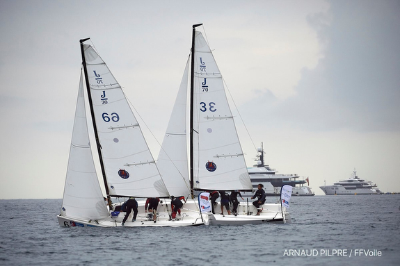 J/70s sailing amongst super yachts off Cannes, France